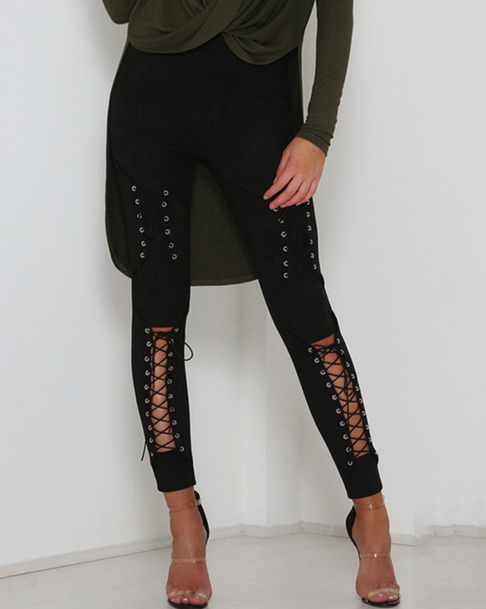 EMMIOL Casual Leggings aus Wildleder mit hoher Taille und Schnallenriemen