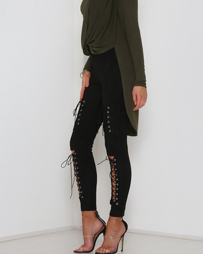 EMMIOL Casual Leggings aus Wildleder mit hoher Taille und Schnallenriemen
