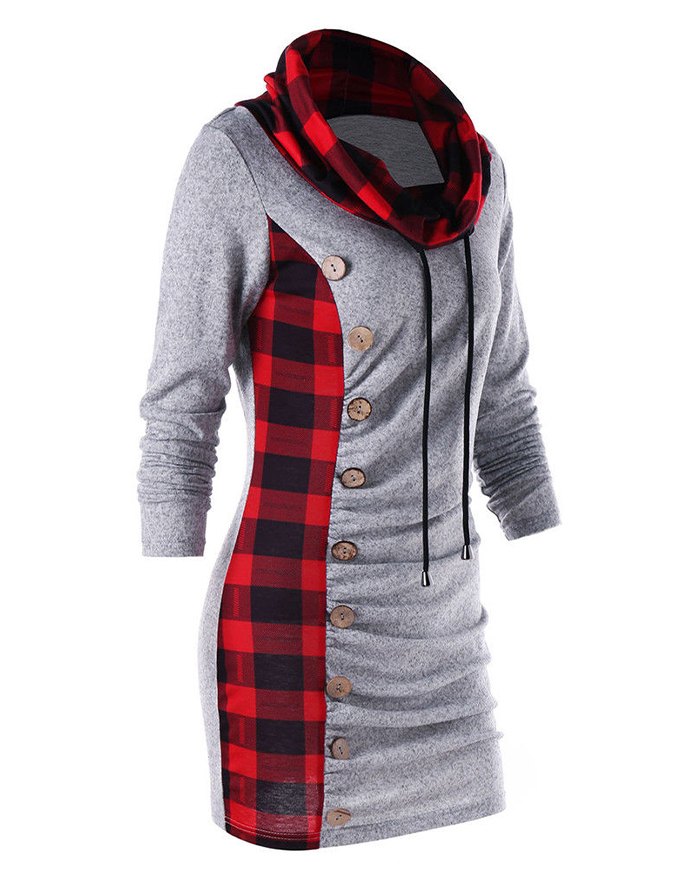EMMIOL Vestido tipo sudadera tipo túnica con cuello vuelto y cordón a cuadros