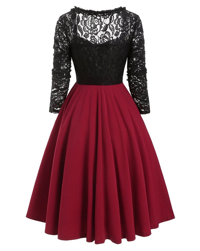 EMMIOL Vestido de manga larga con corpiño de encaje y escote corazón