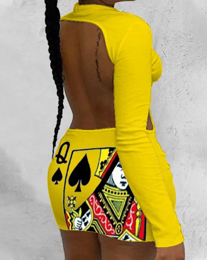 EMMIOL Rückenloses, figurbetontes Kleid mit Poker-Print