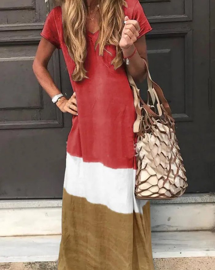 EMMIOL Contrast Color Short Sleeve Casual Maxi Dress