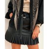 EMMIOL High Waist Solid Pu Leather Pleated Sashes Punk Gothic Skirt