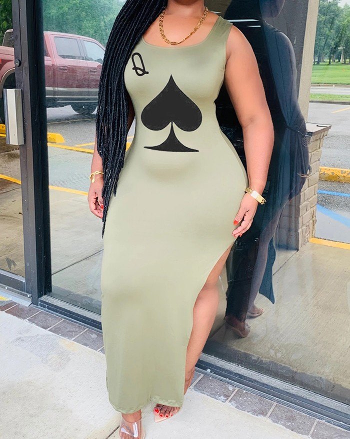 EMMIOL Poker Q bedrucktes Casual Side-Split-Kleid