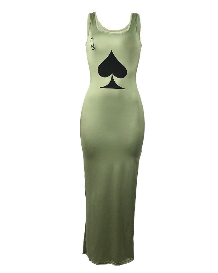 EMMIOL Poker Q bedrucktes Casual Side-Split-Kleid
