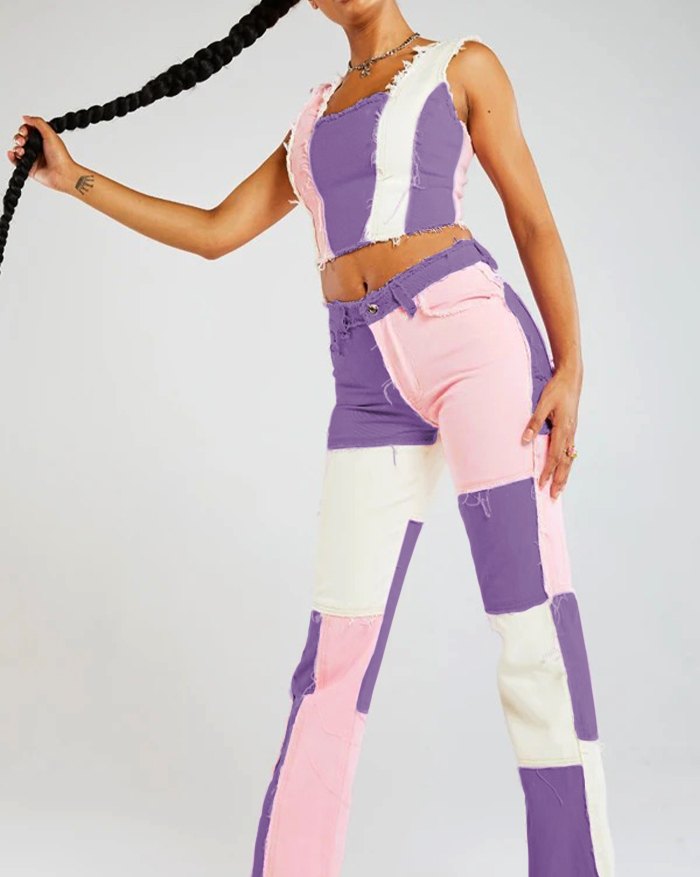 2020 Pastel Patchwork Denim Boyfriend Jeans Purple L In Jeans Online