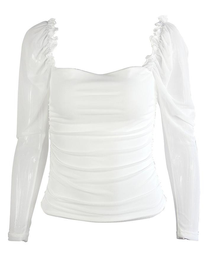 EMMIOL Sheer Mesh Puff Sleeve Long Sleeve T-Shirt
