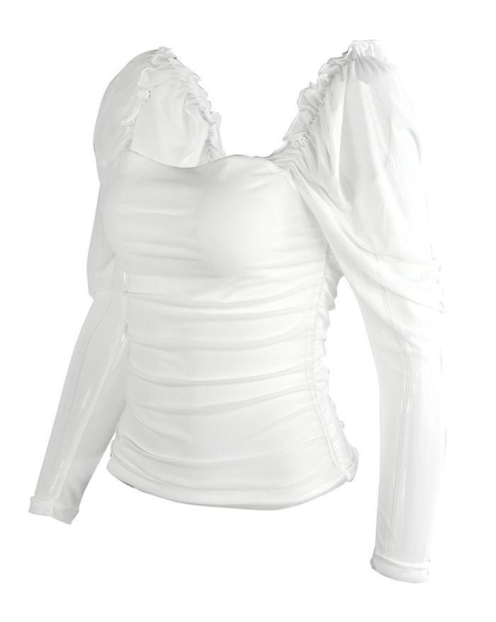 EMMIOL Sheer Mesh Puff Sleeve Long Sleeve T-Shirt