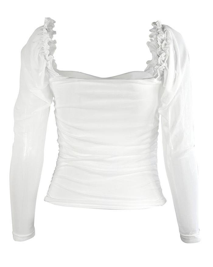 EMMIOL Sheer Mesh Puff Sleeve Long Sleeve T-Shirt