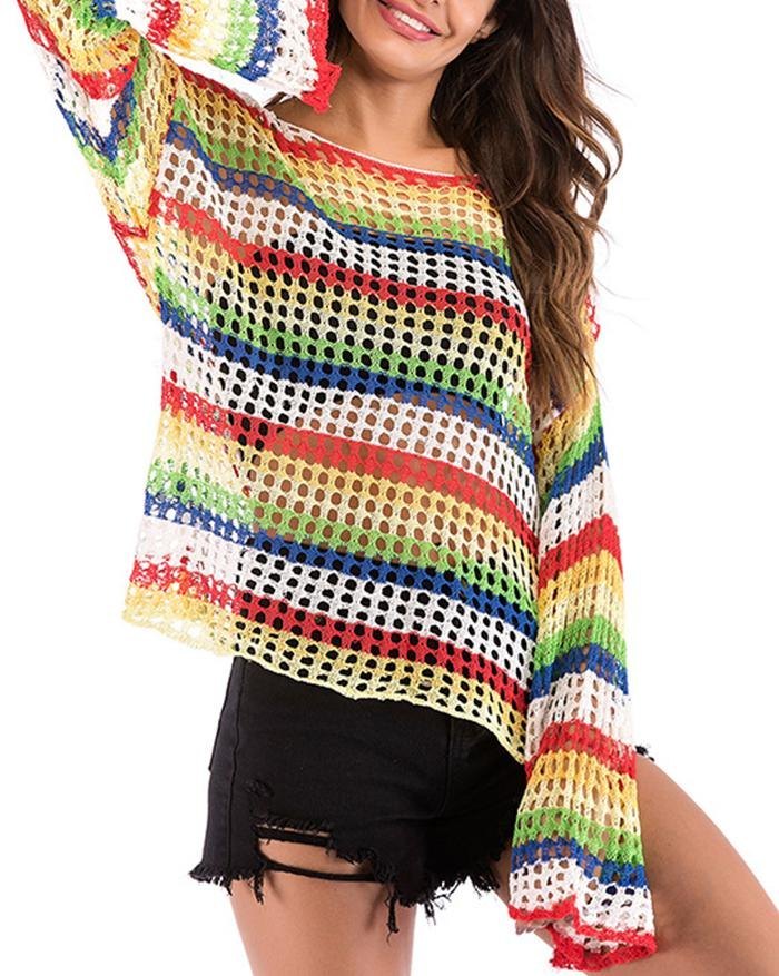 EMMIOL Rainbow Stripe knit Trumpet Sleeve Cutout Sweater