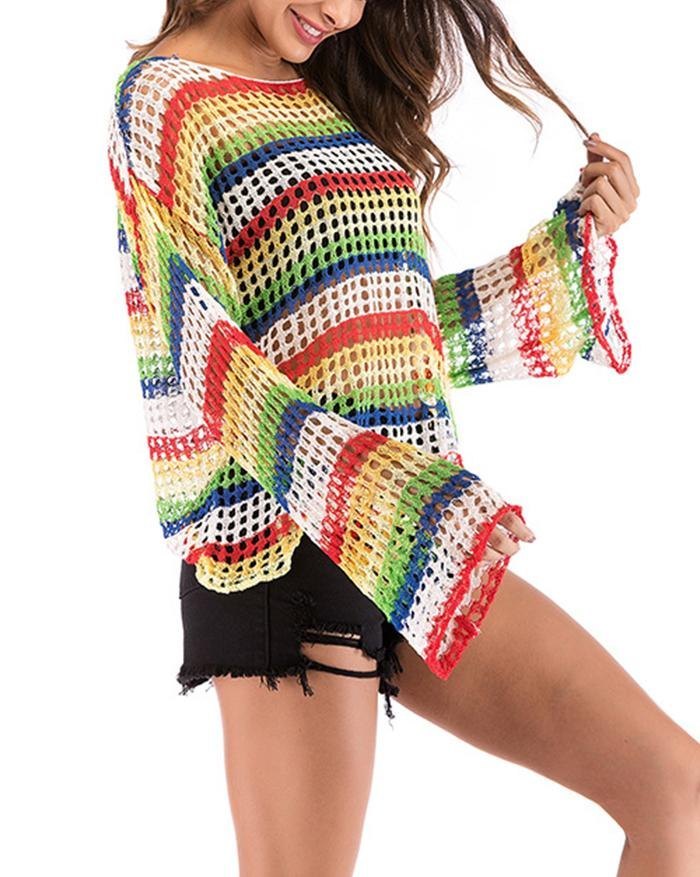 EMMIOL Rainbow Stripe knit Trumpet Sleeve Cutout Sweater