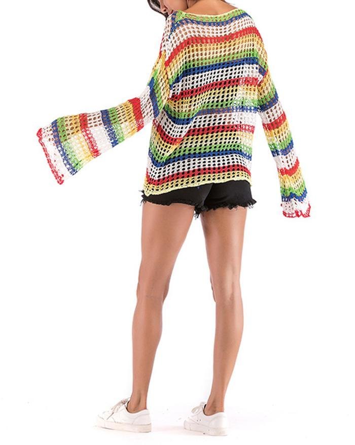 EMMIOL Rainbow Stripe knit Trumpet Sleeve Cutout Sweater