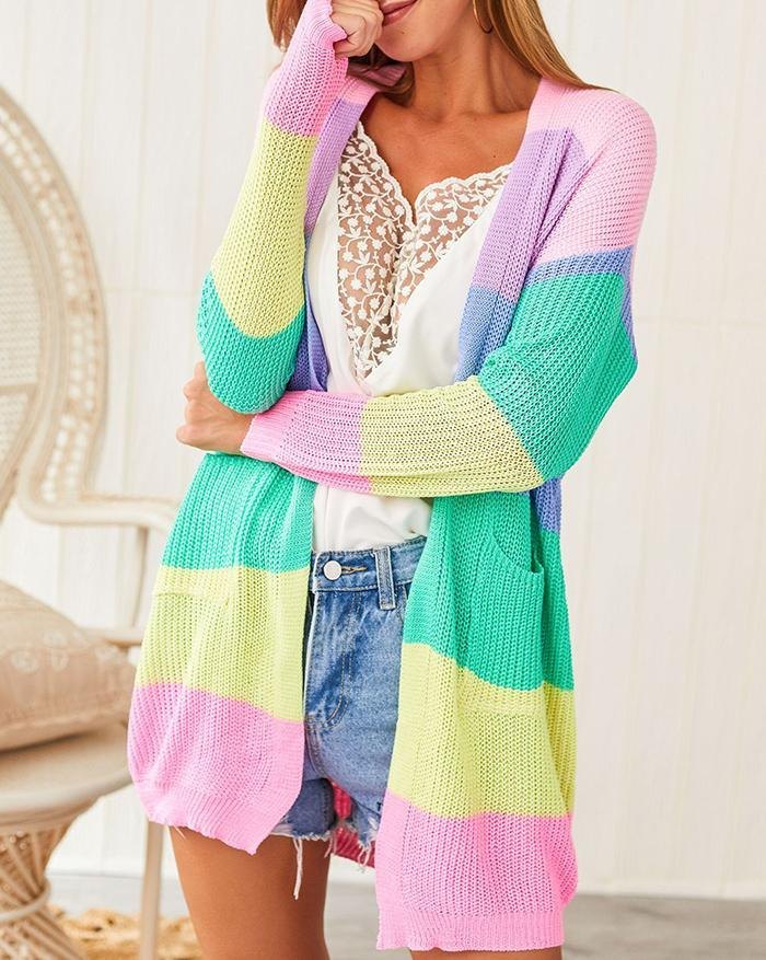 EMMIOL Regenbogen Streifen lange Strickjacke