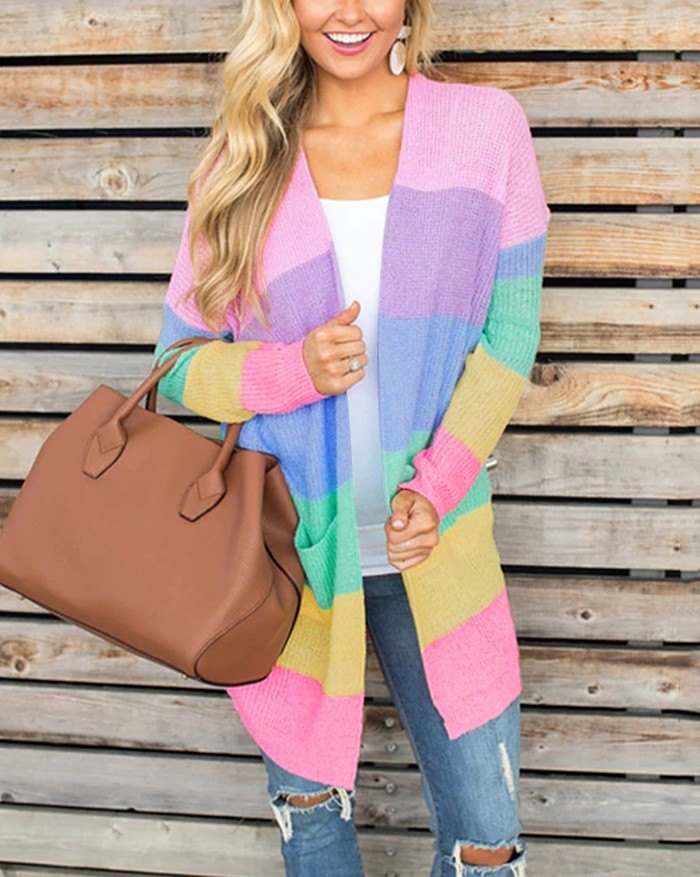 EMMIOL Regenbogen Streifen lange Strickjacke