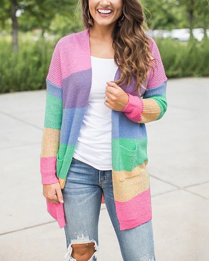 EMMIOL Regenbogen Streifen lange Strickjacke