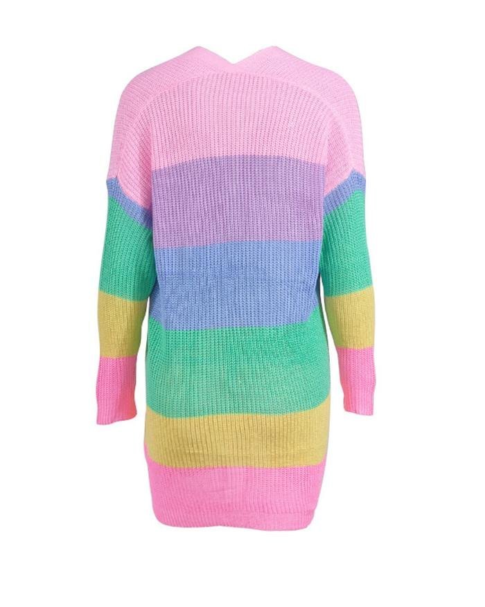 EMMIOL Regenbogen Streifen lange Strickjacke