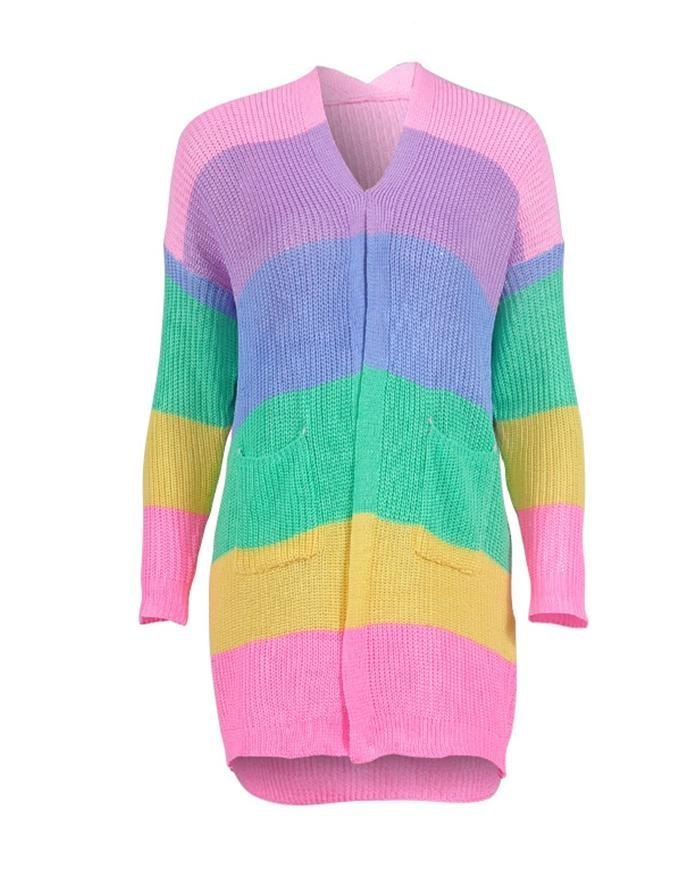 EMMIOL Regenbogen Streifen lange Strickjacke