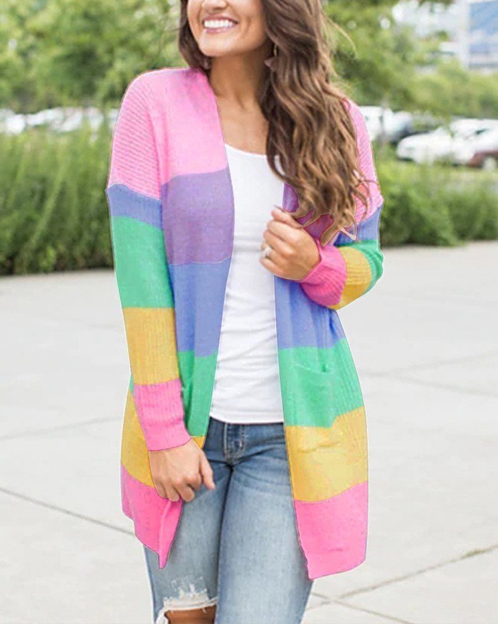 EMMIOL Regenbogen Streifen lange Strickjacke