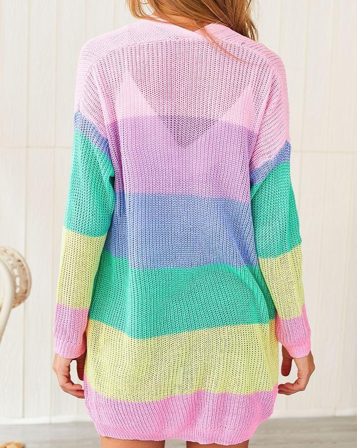 EMMIOL Regenbogen Streifen lange Strickjacke