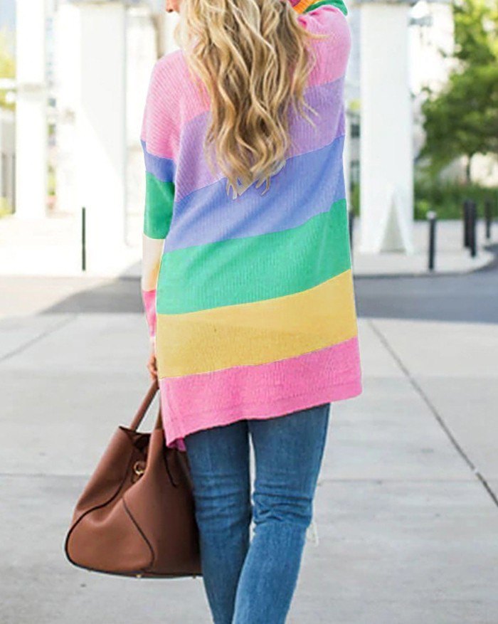 EMMIOL Regenbogen Streifen lange Strickjacke