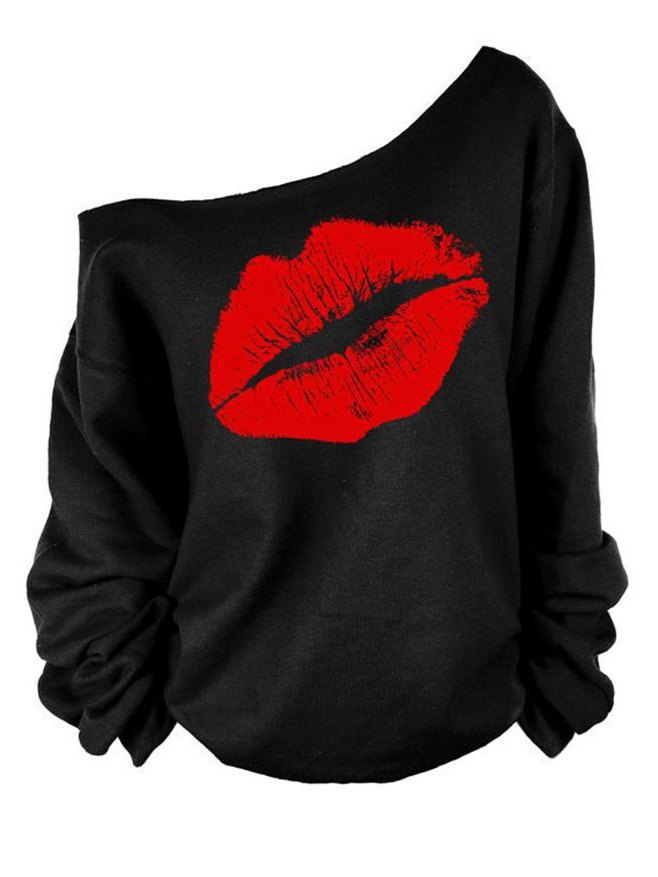 EMMIOL Off-Shoulder-Langarm-Sweatshirt mit Lippenmuster