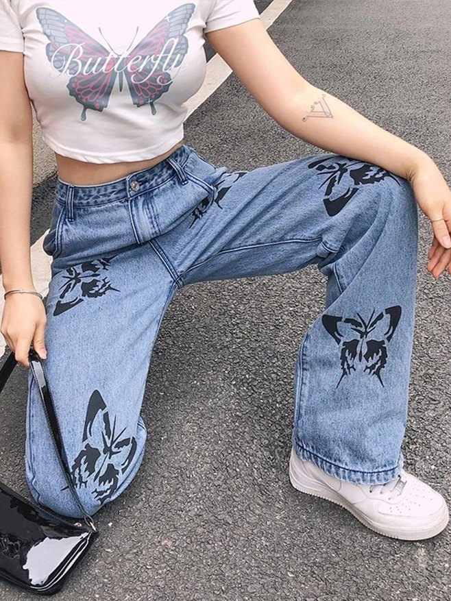 2021 Butterfly Print Slim Down WideLeg Jeans Blue M In Boyfriend Jeans