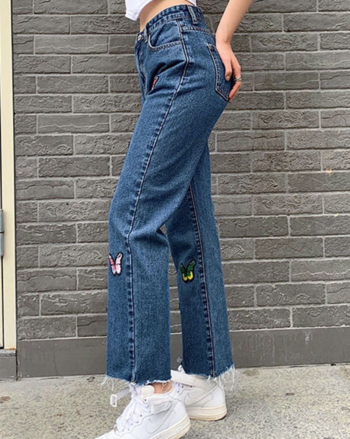 EMMIOL High-Waist Color Butterfly Embroidered Straight Denim Slim Jeans