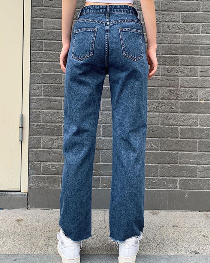 EMMIOL High-Waist Color Butterfly Embroidered Straight Denim Slim Jeans