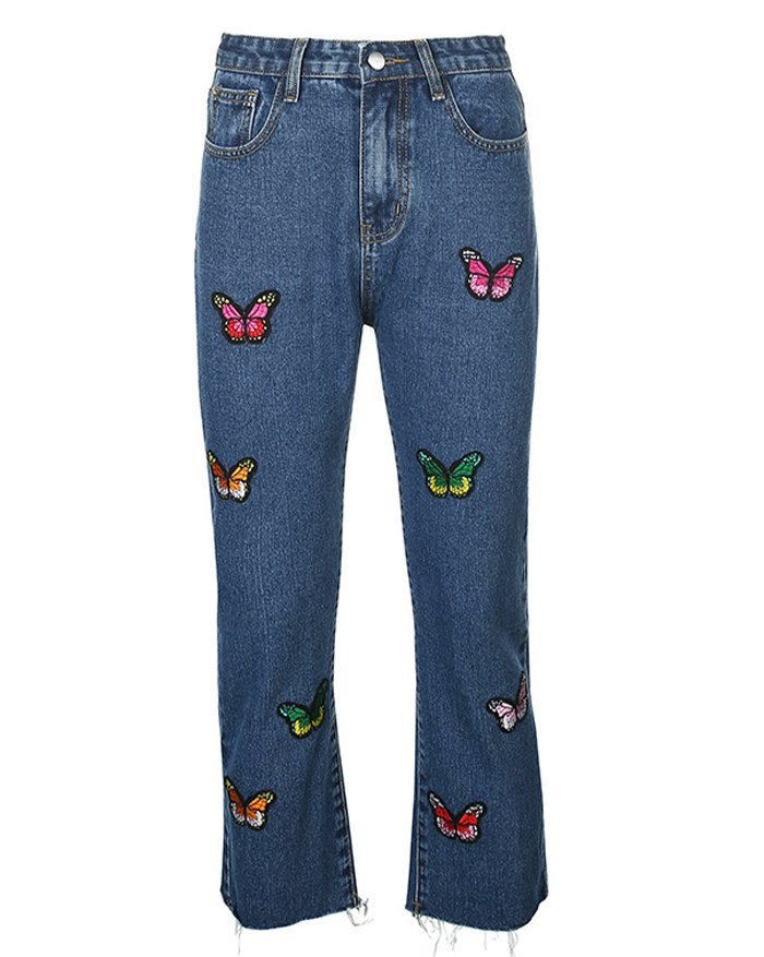 EMMIOL High-Waist Color Butterfly Embroidered Straight Denim Slim Jeans