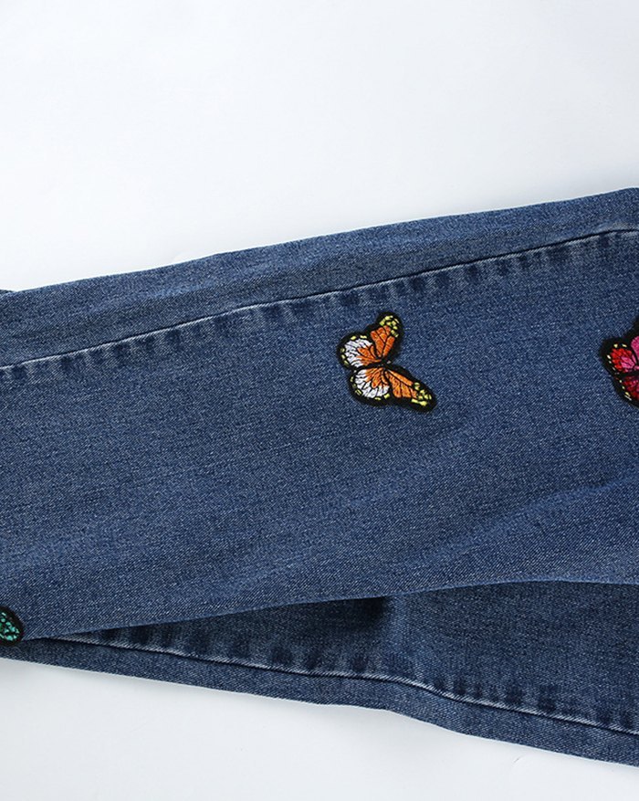 EMMIOL High-Waist Color Butterfly Embroidered Straight Denim Slim Jeans