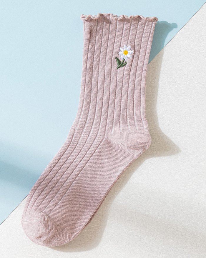 EMMIOL Niedliche Daisy Stickerei Saum Middle Tube Socken aus Baumwolle im japanischen Stil