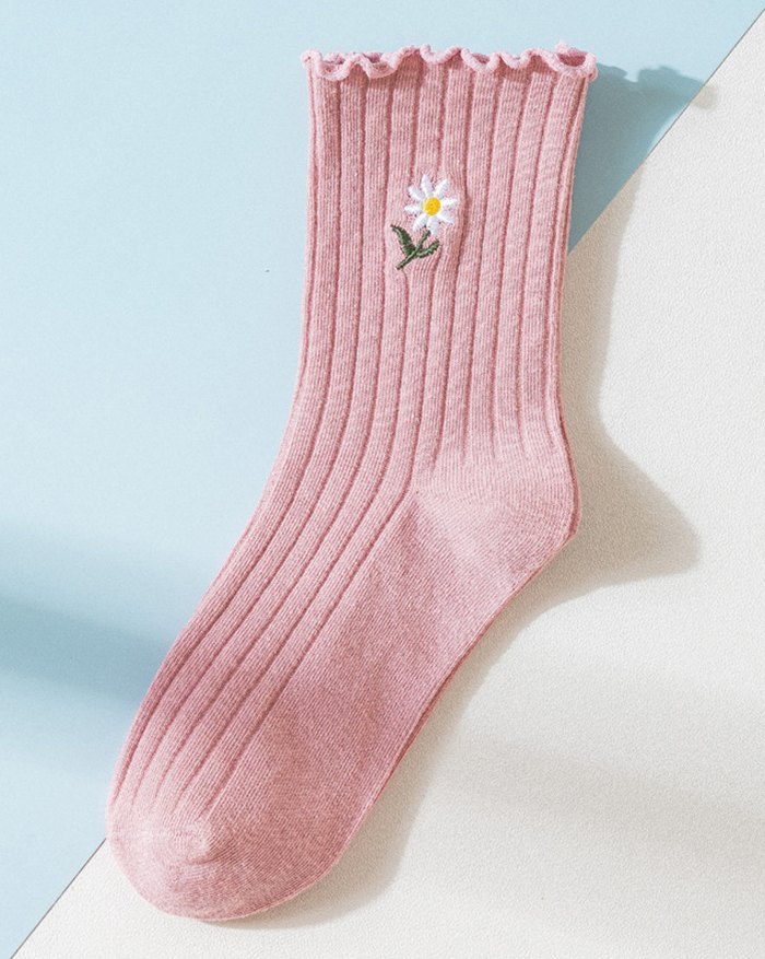 EMMIOL Niedliche Daisy Stickerei Saum Middle Tube Socken aus Baumwolle im japanischen Stil