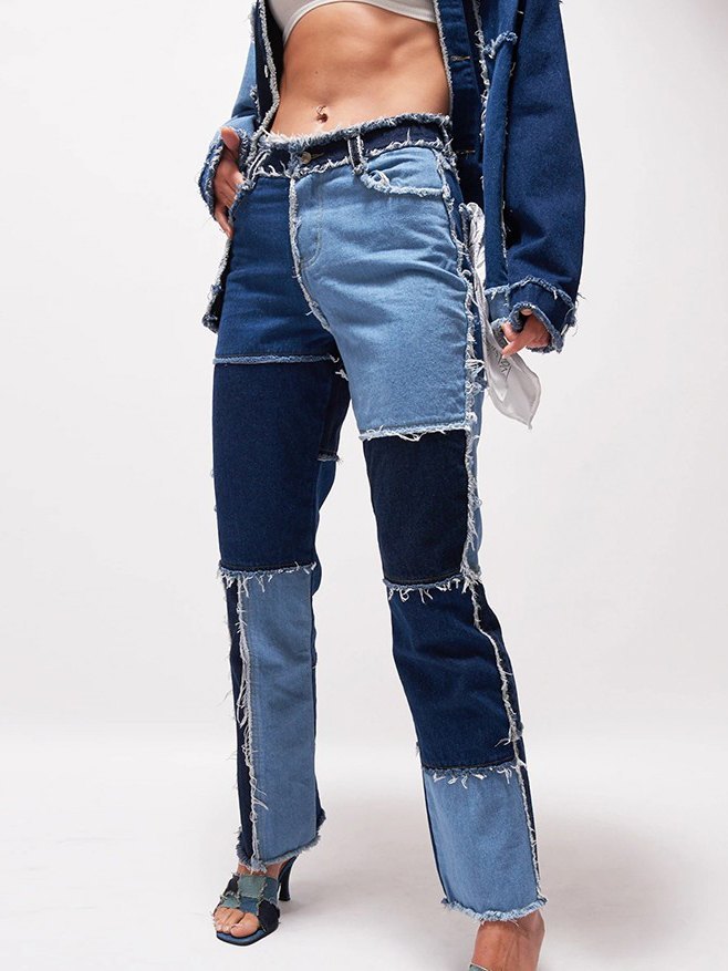 2021 Jean boyfriend en denim à patchwork Bleu XL In Jean boyfriend