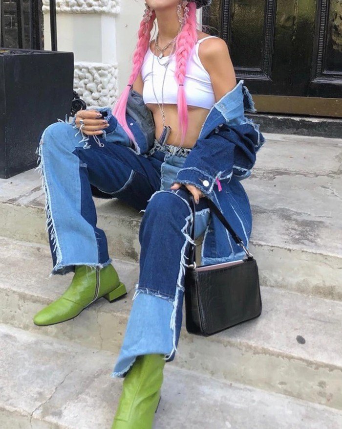 2020 Patchwork Denim Boyfriend Jeans Blue S In Boyfriend Jeans Online