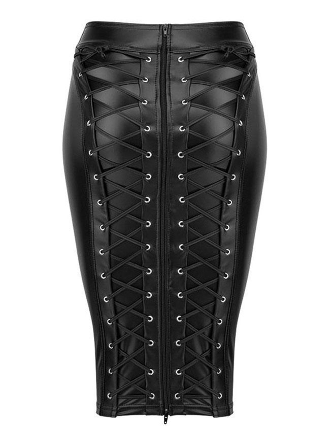 EMMIOL Gothic Faux Leather Back Zipper Lace-up Wrap Midi Skirt