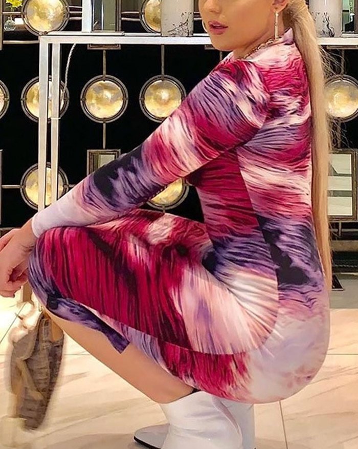 EMMIOL Vestido largo de manga larga con cuello redondo y tie-dye
