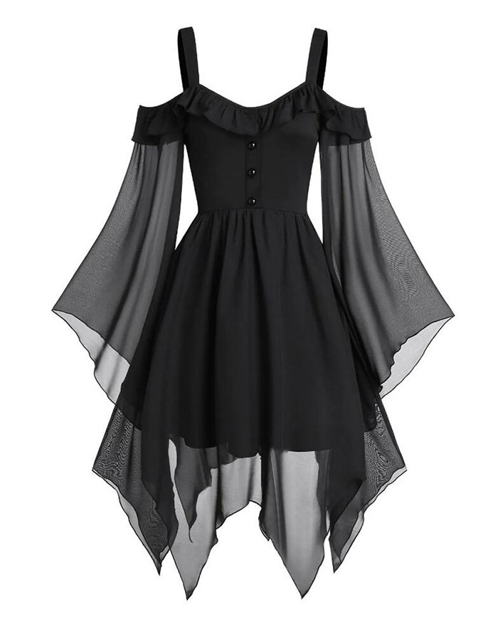 EMMIOL Flare Sleeve Off Shoulder Black Gothic Mini Dress