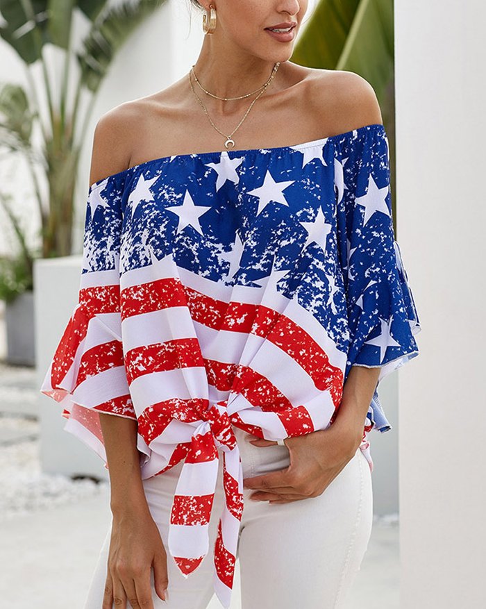 EMMIOL Camisa blusa anudada con hombros descubiertos y estampado de estrellas a rayas