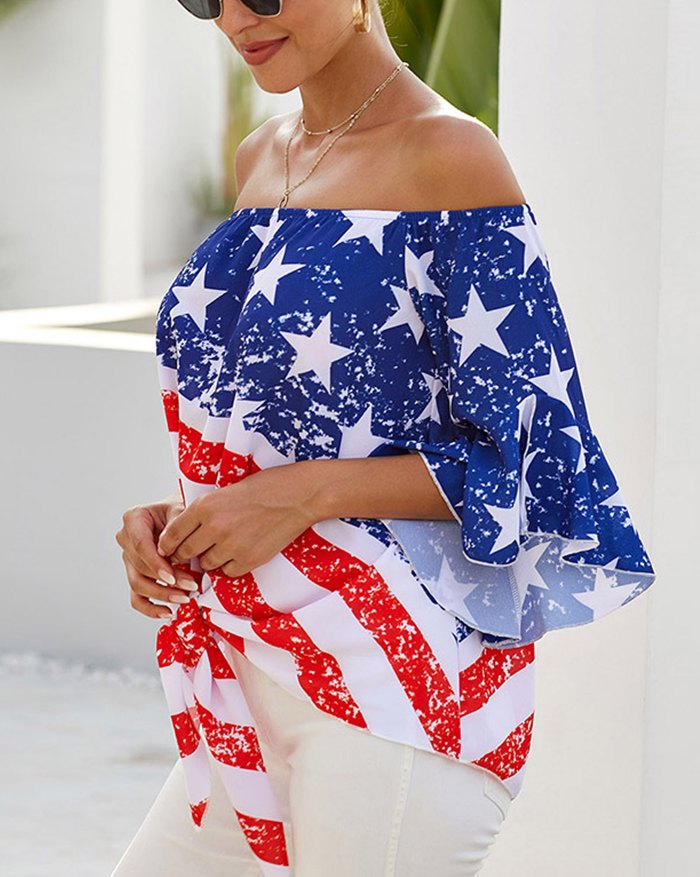EMMIOL Camisa blusa anudada con hombros descubiertos y estampado de estrellas a rayas