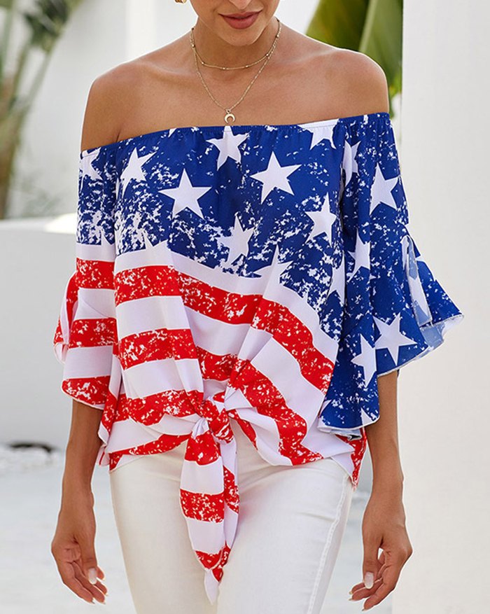 EMMIOL Camisa blusa anudada con hombros descubiertos y estampado de estrellas a rayas