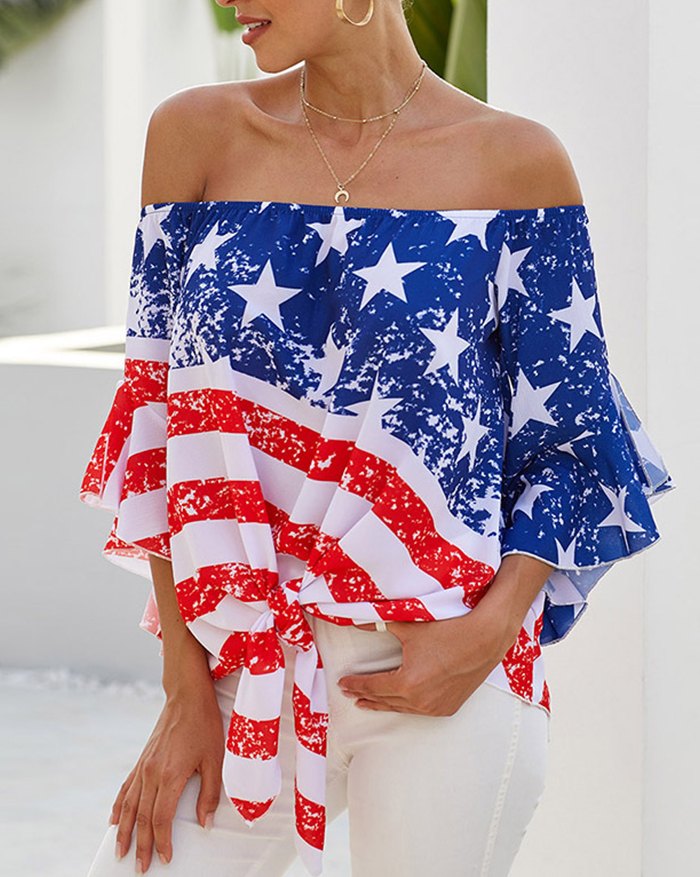 EMMIOL Camisa blusa anudada con hombros descubiertos y estampado de estrellas a rayas