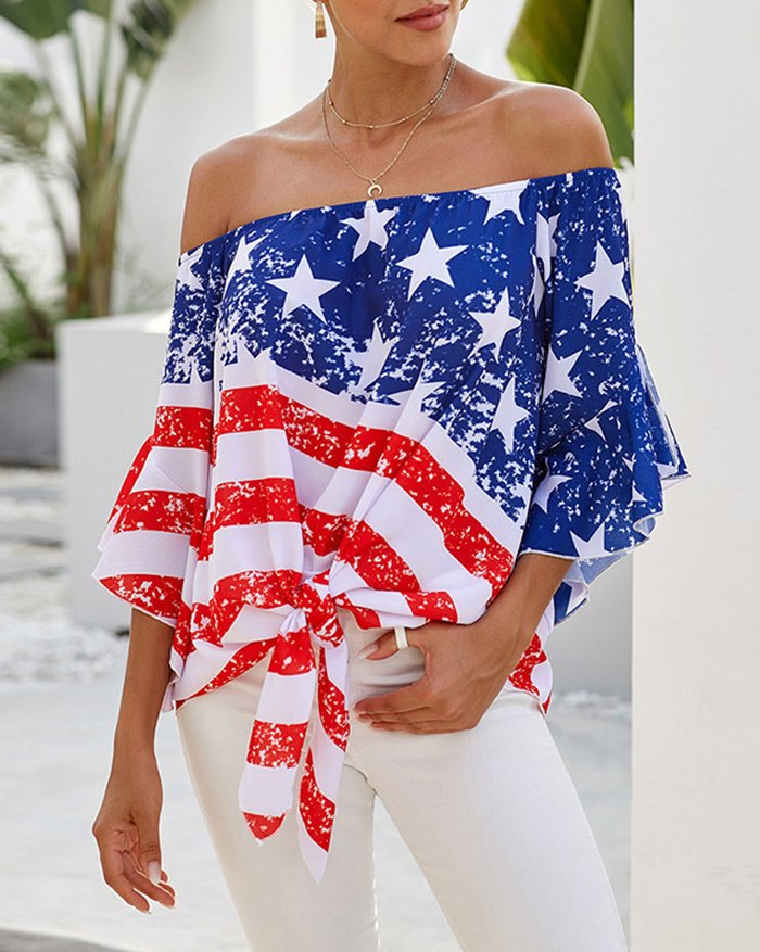 EMMIOL Camisa blusa anudada con hombros descubiertos y estampado de estrellas a rayas