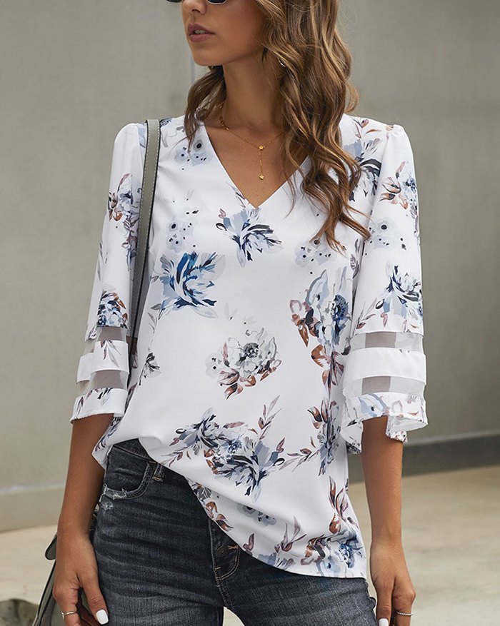 EMMIOL Blusa con cuello en V y mangas abullonadas de gasa de malla floral