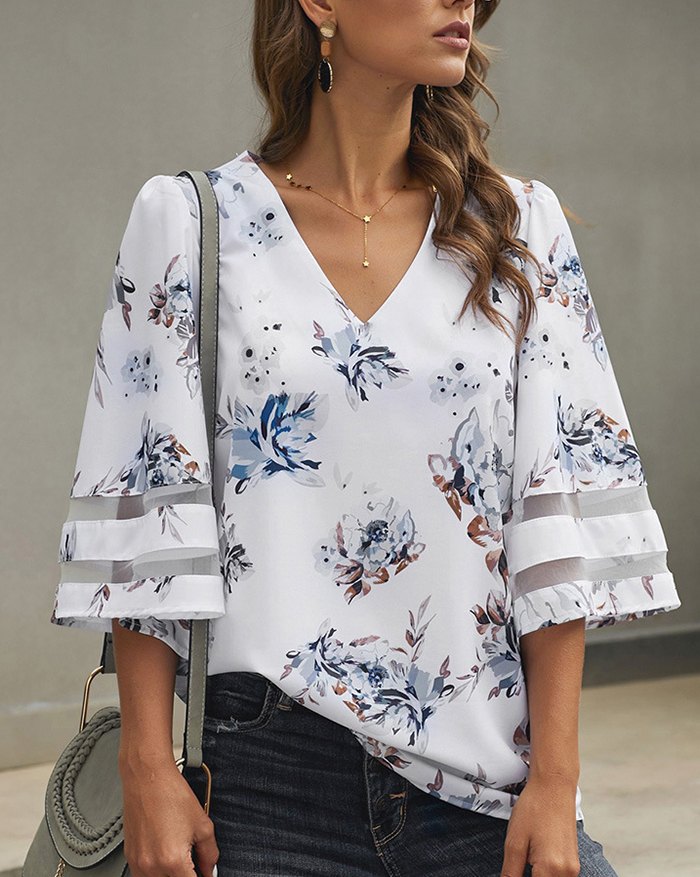 EMMIOL Blusa con cuello en V y mangas abullonadas de gasa de malla floral