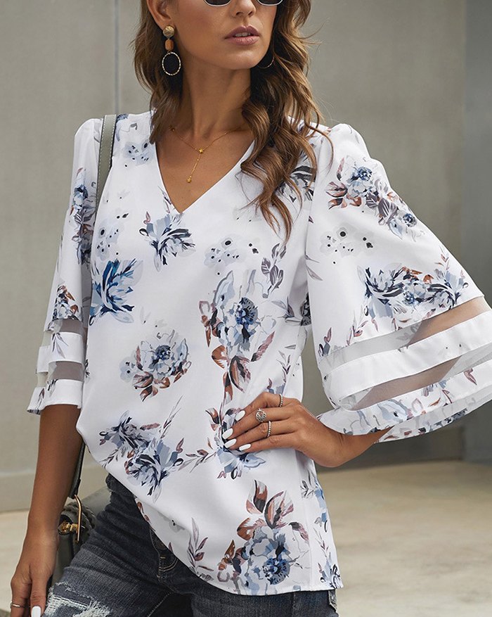 EMMIOL Blusa con cuello en V y mangas abullonadas de gasa de malla floral