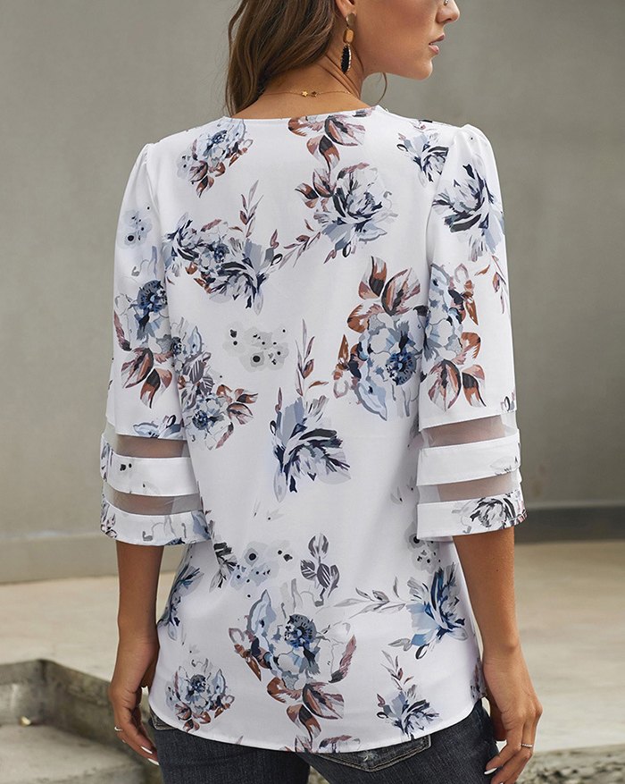 EMMIOL Blusa con cuello en V y mangas abullonadas de gasa de malla floral