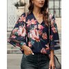 EMMIOL Blusa con cuello en V y mangas abullonadas de gasa de malla floral