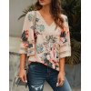 EMMIOL Blusa con cuello en V y mangas abullonadas de gasa de malla floral