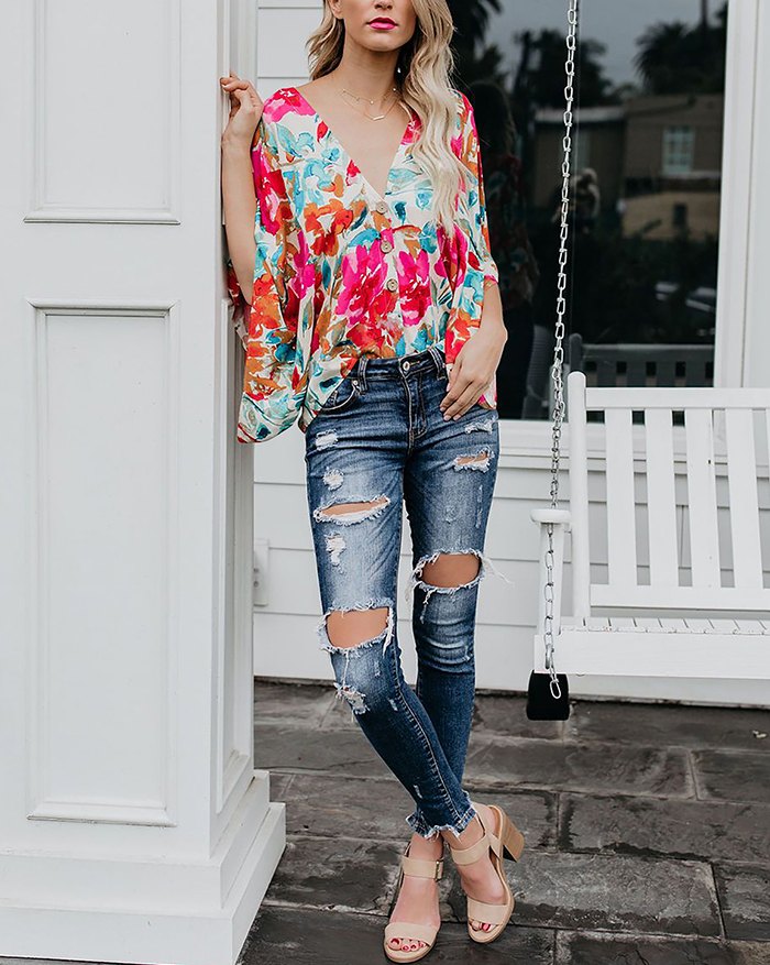 EMMIOL Batwing Sleeve Loose Print Blouse&Shirt