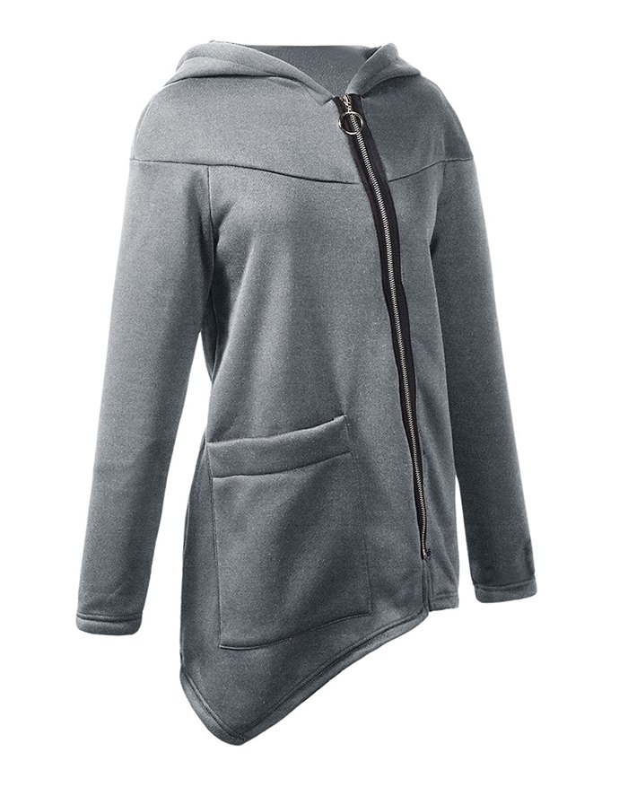 EMMIOL Diagonal Zipper Pocket Asymmetrical Hem Hoodie